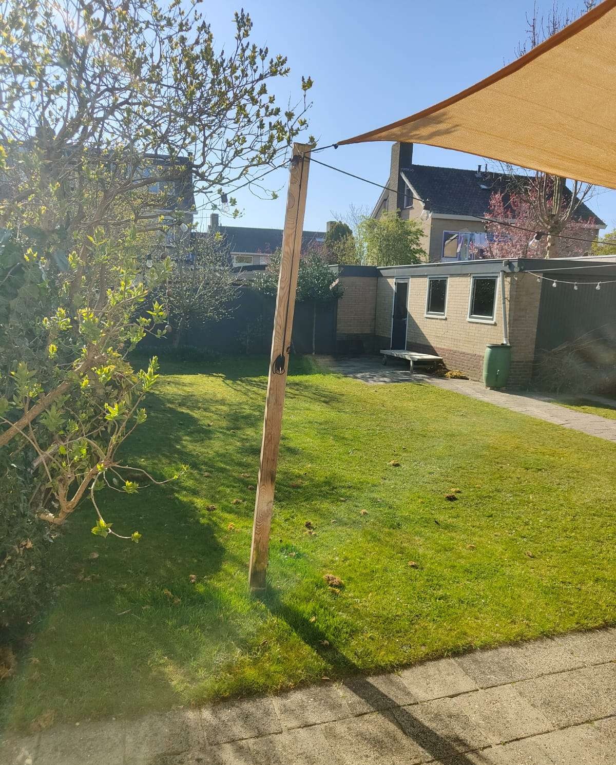 Een grote omheinde tuin met veel groen